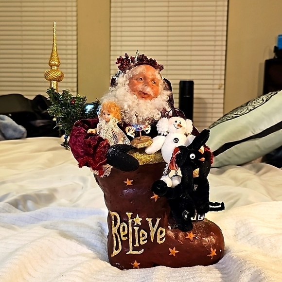 Vintage Clay Santa & Friends in a Boot w BELIEVE on Boot. - Picture 1 of 12